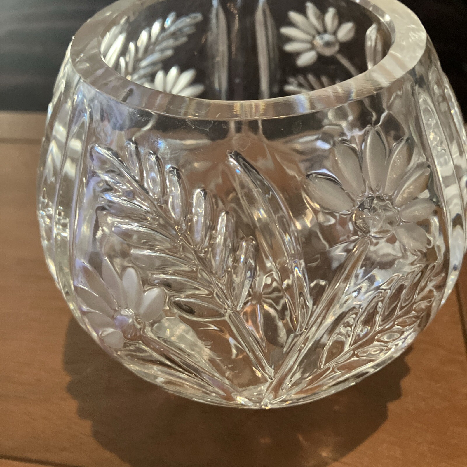 Crystal Vase Floral Etched Thumbprint Rim