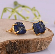 18k Gold Plated Raw Lapis Lazuli Stud Earrings 925 Silver Healing Jewelry