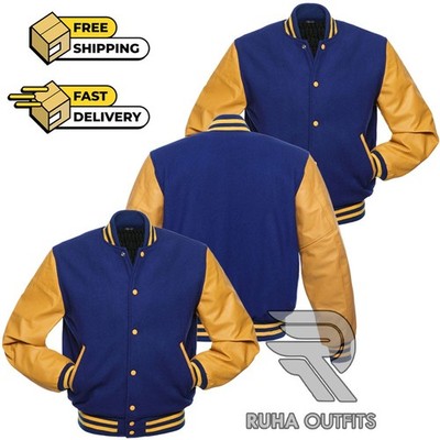 Unisex Classic Wool Blue/Gold Leather Lettermen Baseball Bomber Varsity Jacket