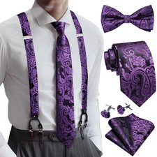 Men Suspenders Tie Bowtie Set Adjustable Brace Handkerchief Cufflinks Clips
