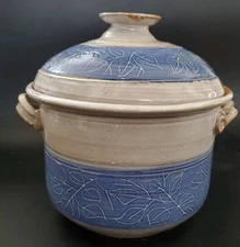 Hand Crafted Signed Covered Ceramic Pottery Casserole Dish Tureen Etched Handles