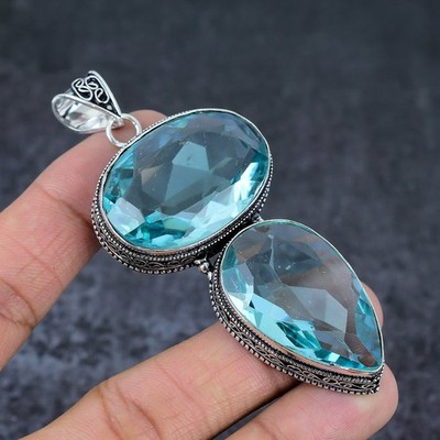 Natürlicher Schweizer Blautopas Edelstein 925 Sterlingsilber Schmuck Anhänger 3,43'' o424