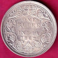 BRITISH INDIA (0/4 DOTS) 1862 VICTORIA QUEEN ONE RUPEE BEAUTIFUL SILVER COIN#P20