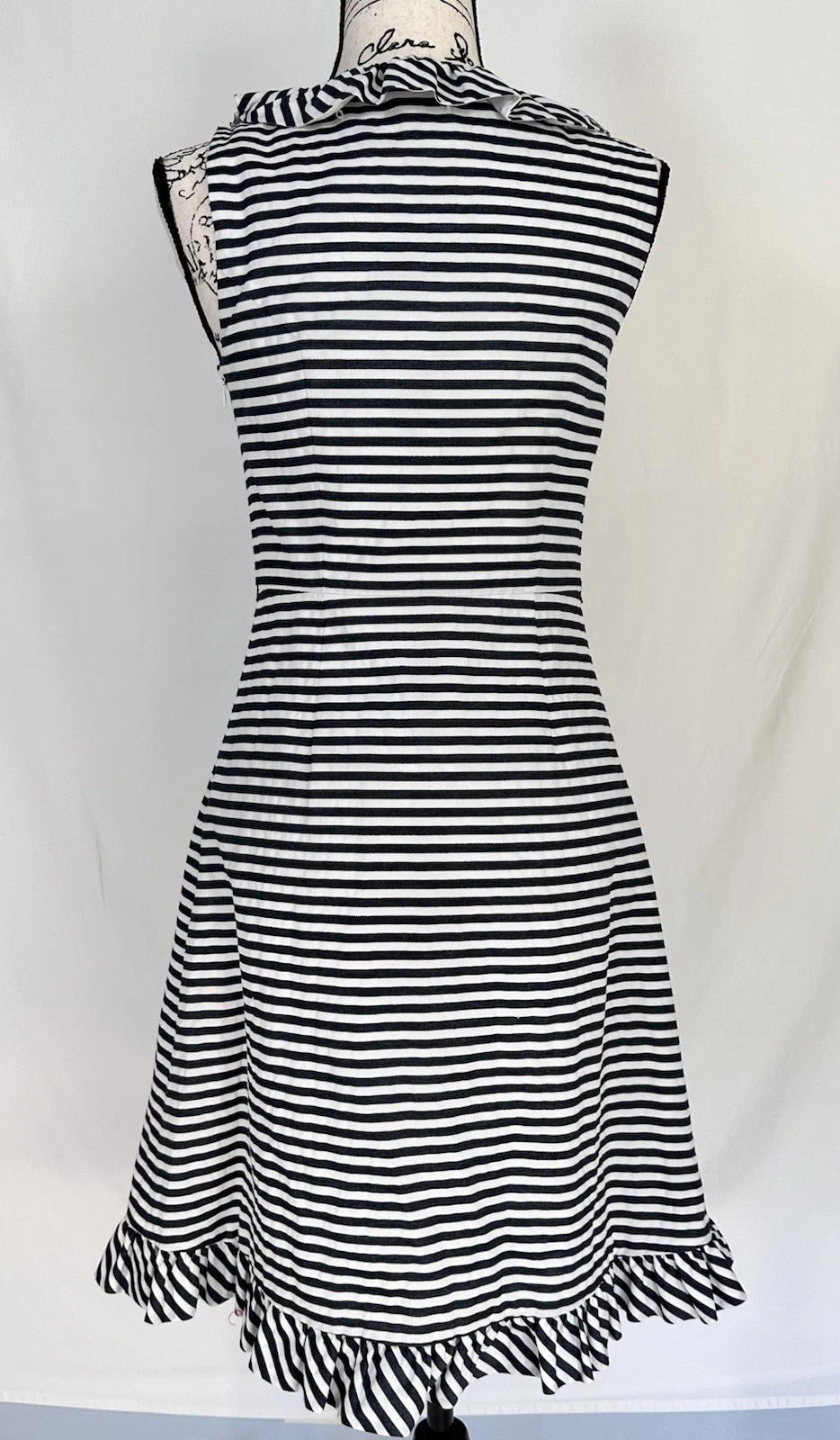 Abito KATE SPADE nero bianco a righe senza maniche in cotone con volant taglia 4 preppy