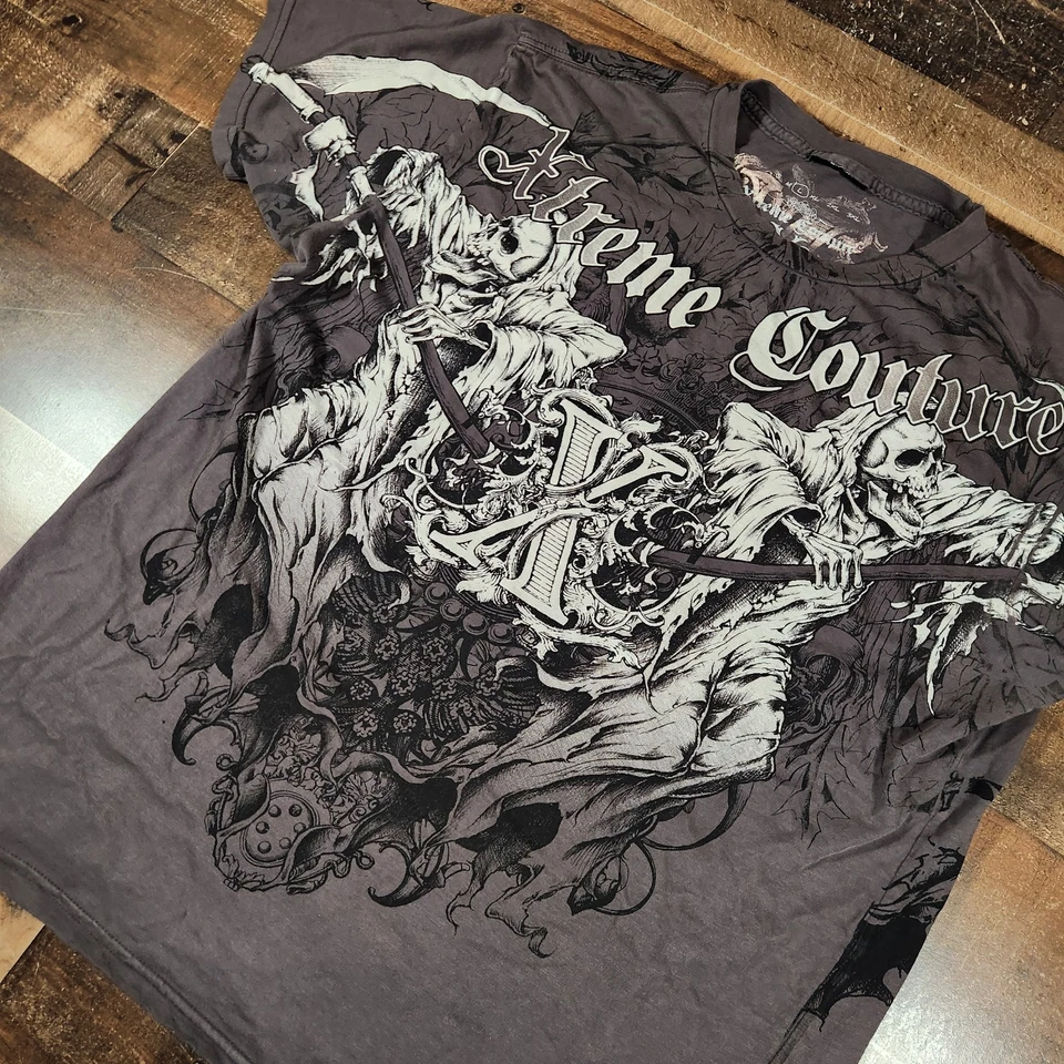Camisa De Colección Xtreme Couture Affliction Para Hombres Grande Gris Y2K Grunge Calaveras MMA Foto 2 de 4