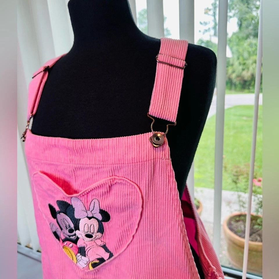Disney Mickey & Minnie Pink Heart Patch Curduroy Overall Dress Size Woman 2 - Image 3 of 4