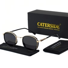 Caterside Vintage Polarized Round Sunglasses Men Steampunk TR Metal Frame Sun Gl