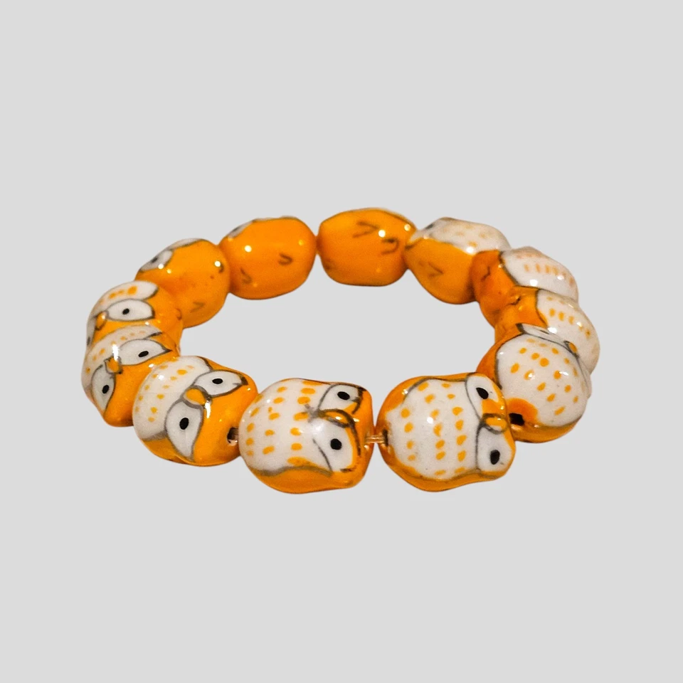 Ручной работы керамическая сова бусина эластичной браслет оранжевый белый животных ювелирных изделий милый подарок - Изображение 2 из 3