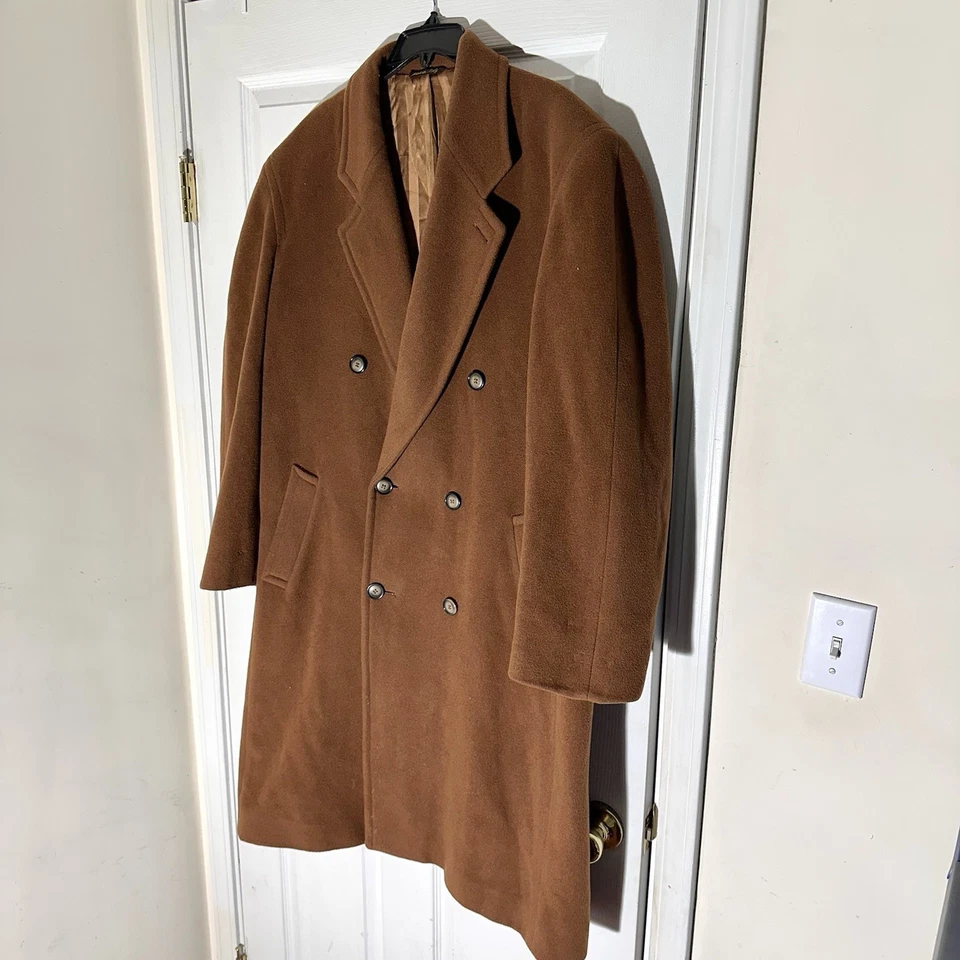 Vtg Mens Wool Cashmere Blend Overcoat Double Breasted Brown Size XL 40s Italian - Image 2 of 4