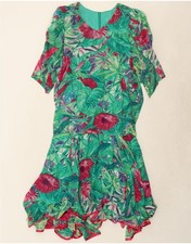 VINTAGE Womens Asymmetric Drop Waist Dress UK 16 Large Green Floral DP86