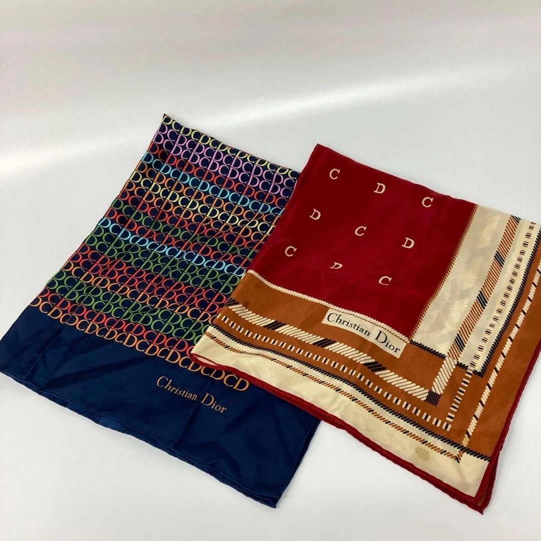 Ensemble écharpe Christian Dior marron marine rouge 2 pièces 64x66 cm accessoire mode unisexe