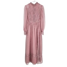 Vintage 60s 70s Victorian Style Dress Pink Chiffon Ruffle Lace Maxi Prairie Sz 8