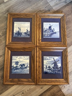 Framed Delftware Blue and White Hand Painted Tiles Set of 4