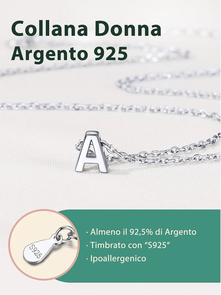 Collana Argento 925 Donna in Oro Bianco, Collana Donna Argento Oro Con 26 Inizia - Immagine 3 di 4