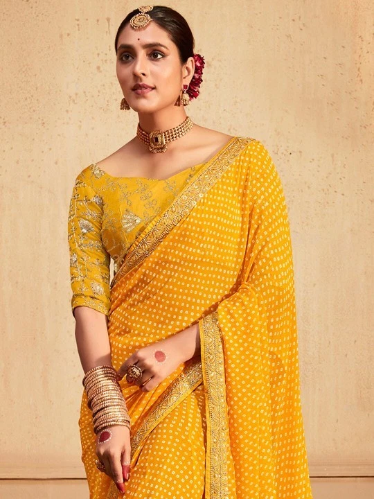 Sari Bandhani Georgette amarillo y plateado con lentejuelas y borde bordado Foto 2 de 4