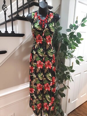 Expo Black Floral Hibiscus V-Neck Sleeveless Front Button Jumpsuit Size 10