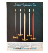 Ronson Varaflame Gas Candles "Never Burn Down" Color 1963 Vintage Print Ad-C-2.1