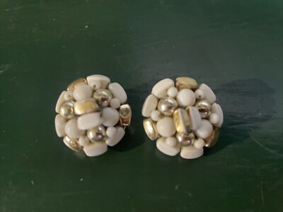 Vintage MCM Cream Gold Beads Cluster CLIP-ON Earrings Japan