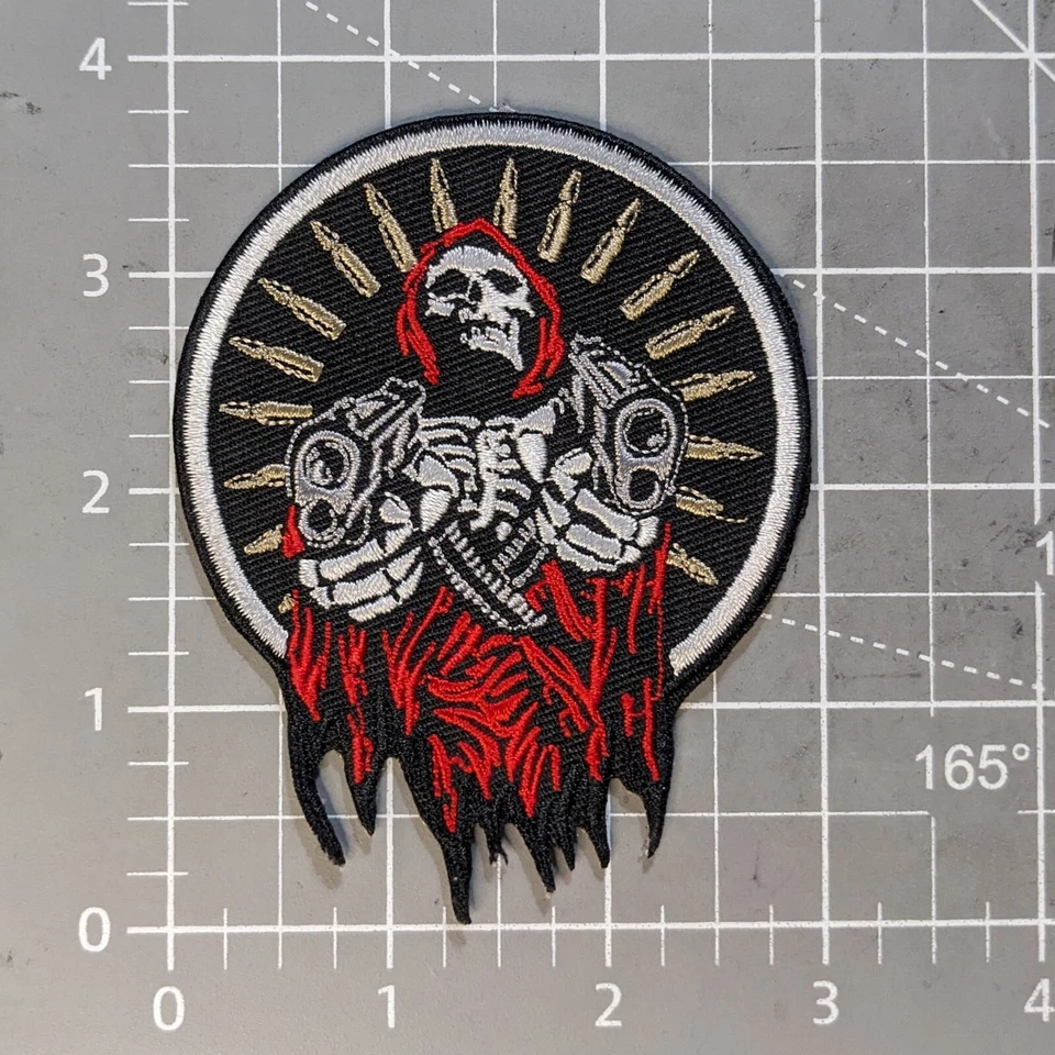 Grim Reaper Patch Guns Pistols Biker Punk Goth Embroidered Iron On Patch 3.75x3" - Image 2 of 3