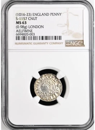 England 1016-1023 King Cnut Silver Penny NGC MS63 S-1157 London Mint