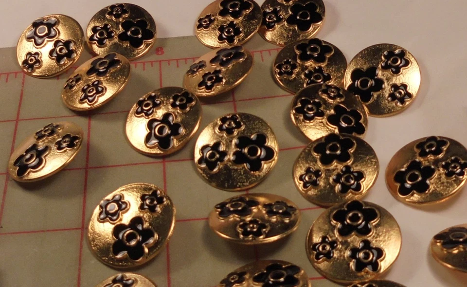 8 XLG Gold Color Italian Metal Shank Buttons 3 Black Enamel Flower Design 1-18" - Image 4 of 4
