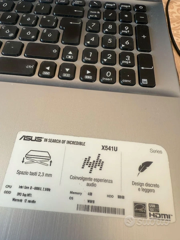 PC ASUS X541U 4GB RAM 500 HD INTEL i3 FUNZIONANTE - Immagine 3 di 4
