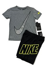 Nike NWT Boys Size 6 Gray T Shirt Black Shorts Neon Logo 2 Piece Set Outfit