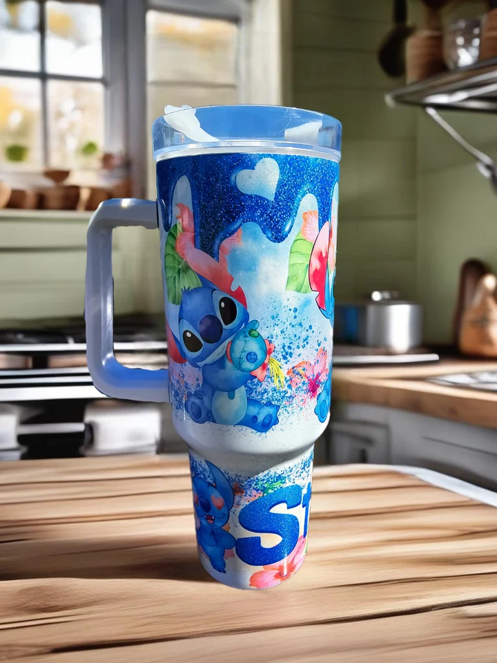 40oz Stitch Stainless Steel Shimmer Tumbler W/Handle- Shimmer Glitter Cup - - Image 2 of 4