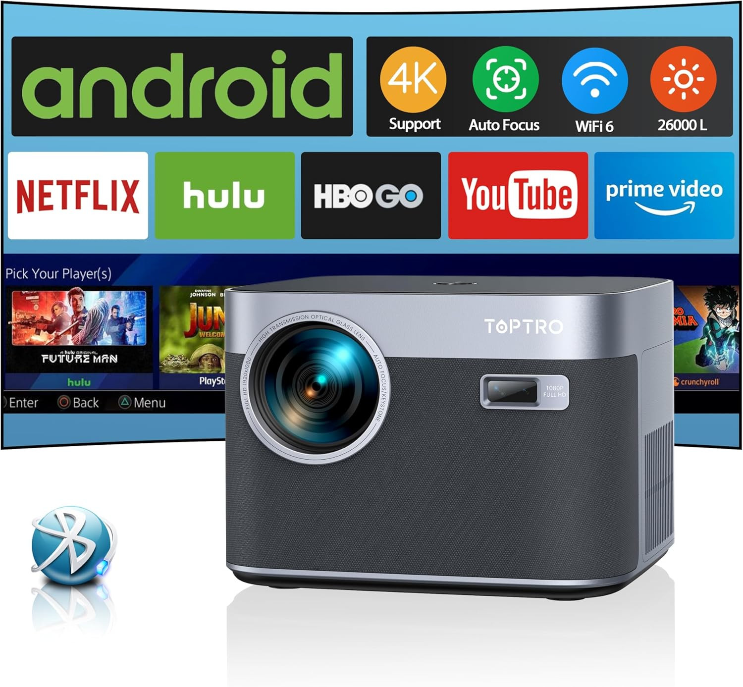 Vidéoprojecteur 4K Wifi 6 blanc avec mise au point automatique pour home cinéma