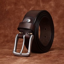 Men First Layer Leather Belt Jeans 3.8cm Wide Stainless Steel Pin Buckle Belt