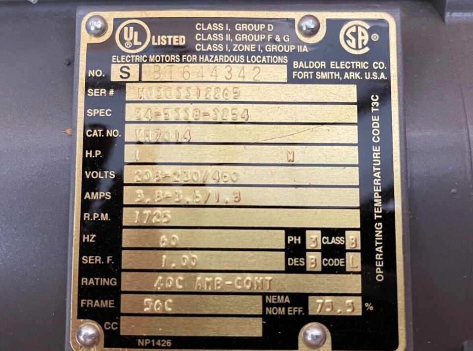 BALDOR 1HP EXPLOSION PROOF MOTOR 1725 RPM 208-230/460 V FRAME 56C VM7014 - Image 2 of 4