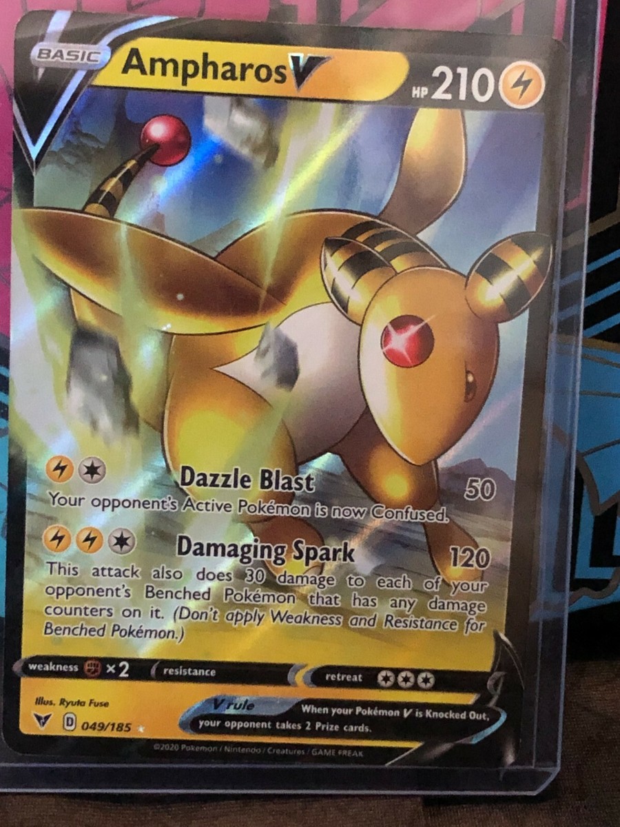 ampharos v pokemon card 2020 SWSH Vivid Voltage Full Art #171 PSA 10 GEM MINT on Fanatics Collect [Lightning][Lightning][Colorless] Damaging Spark 120 This attack also does 30 damage to each of your opponents Benched Pokemon that has any damage counters on it Ampharos V Full Art -