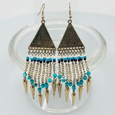 Vtg 1980s 80s Boho FRINGE Dangle Earrings Goldtone Beads Tribal Statement