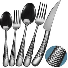 20 Piece Hammered Black Silverware Set, 18/10 Stainless Steel Flatware Set, M...