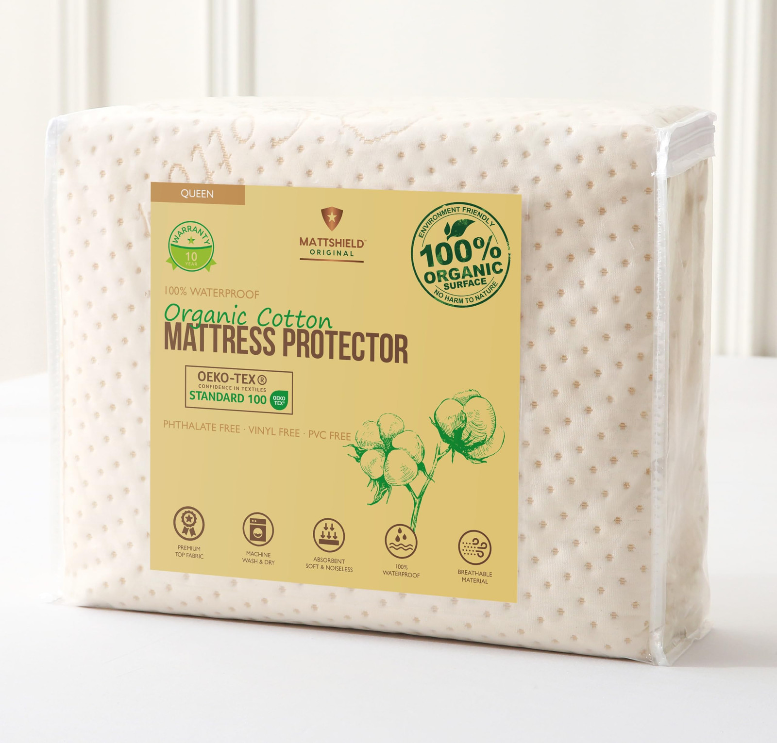 Luxury Waterproof Organic Mattress Protector Queen - Organic Cotton Breathabl...