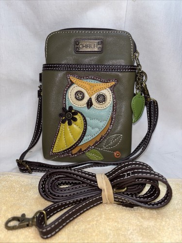 NEW CHALA OLIVE GREEN OWL BIRD CELL PHONE CROSSBODY PURSE STRAP BLUE YELLOW - Picture 11 of 11