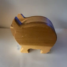 VTG Primitive Hand Carved Wooden Pig Bank Collectable #'d Metal Closure 8x7x4.5"