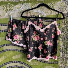 Rare Y2K Victoria s Secret Black Floral Satin 2 Piece Pajama Set Size Medium