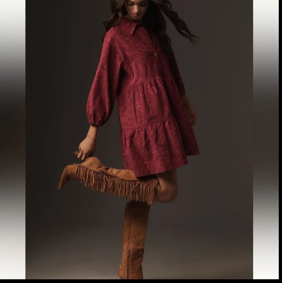 The Bettina Tiered Shirt Dress by Maeve Mini Corduroy Edition Size M - Image 3 of 4