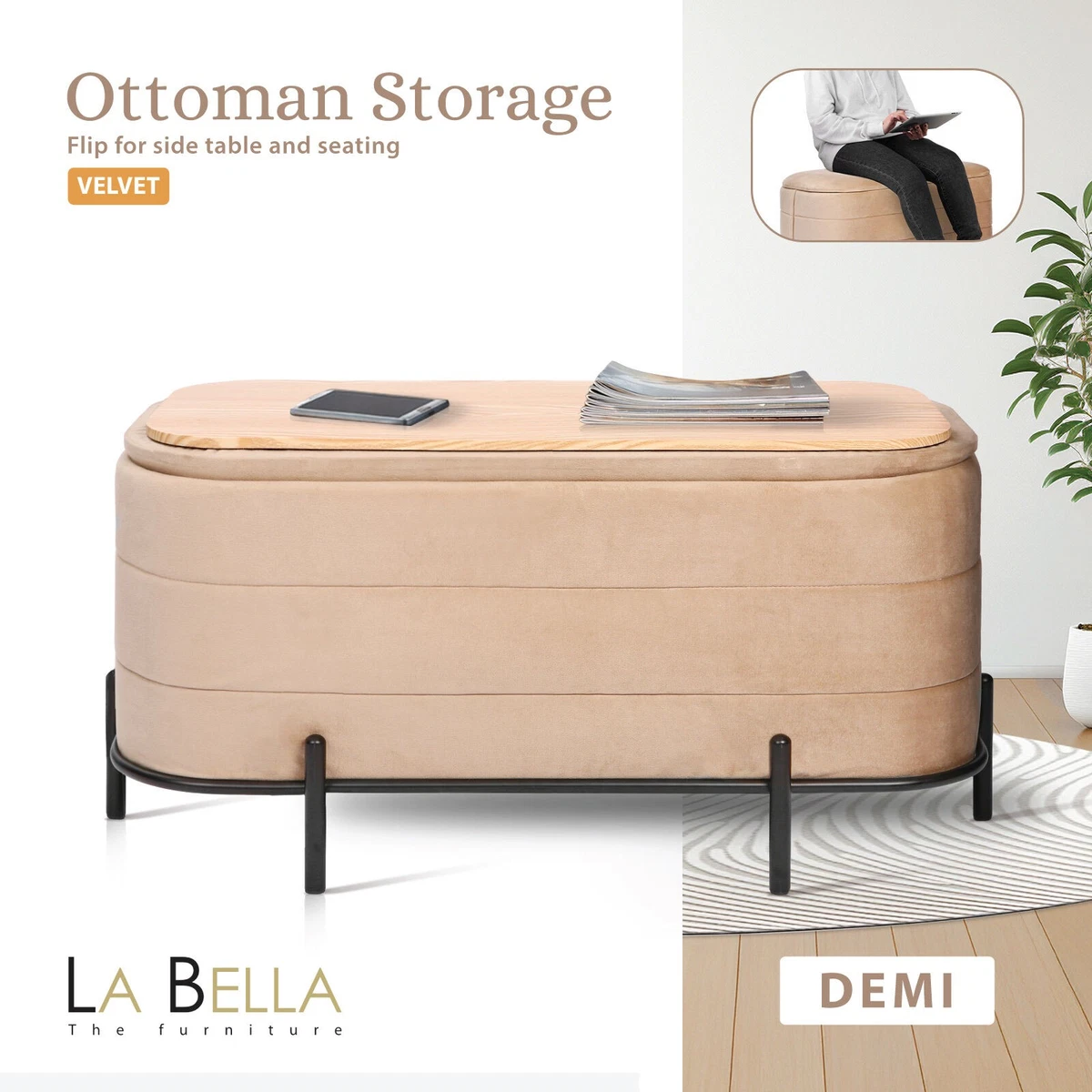 Coffee Table Storage Ottoman - Velvet Padded Blanket Box Bench DEMI CAMEL BEIGE