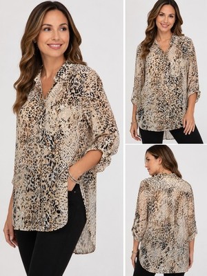 Spense Womens Large Animal Print Blouse Roll Tab Sheer Hi Low Button Shirt L