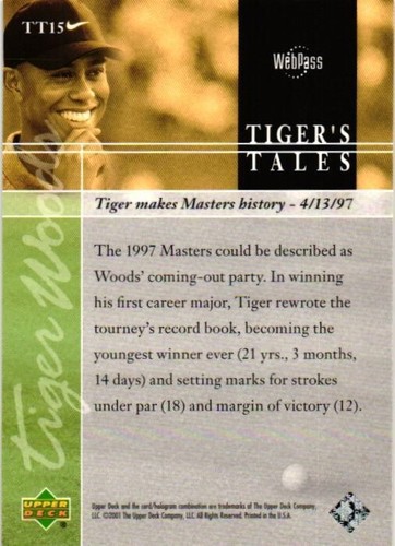 Tarjeta de Tiger Woods 2001 Upper Deck Tiger Makes Masters History abril 1997 No#TT15 - Imagen 2 de 4