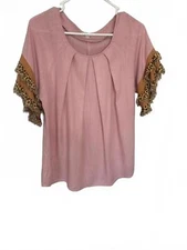 UMGEE Pink Linen Leopard Print fringe Top Size S