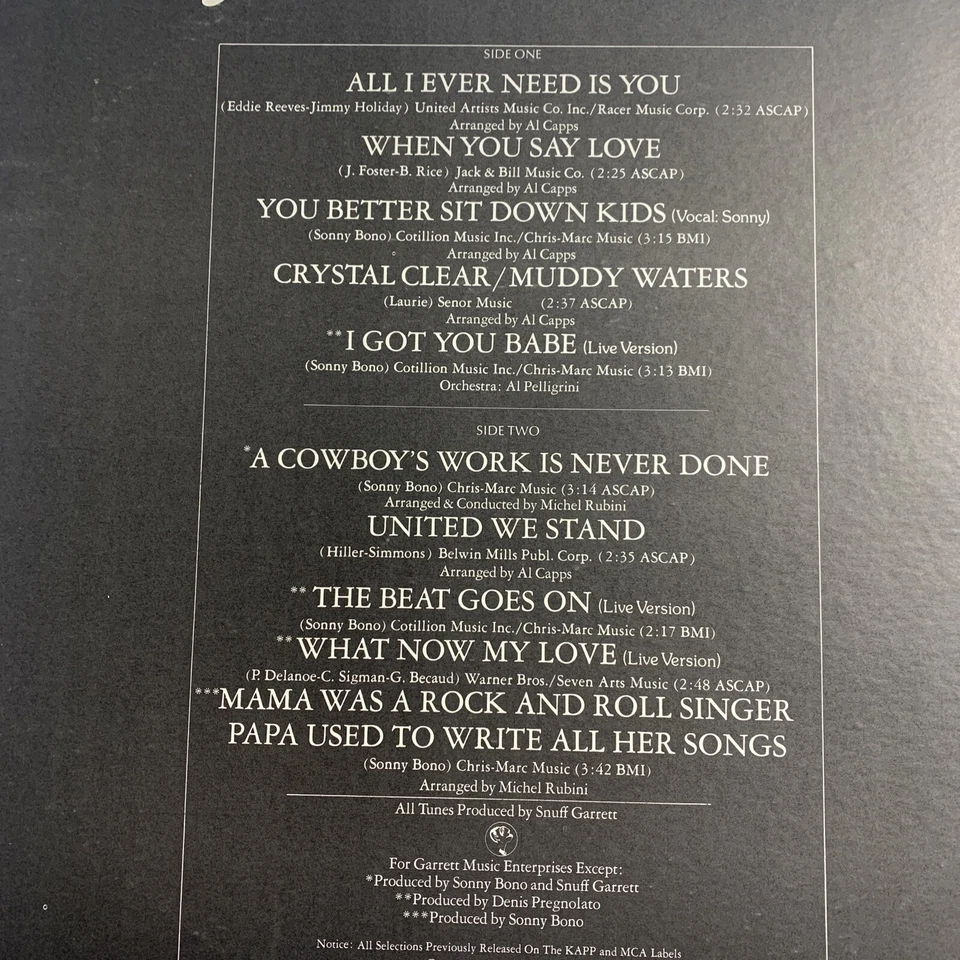 Sonny & CHER Greatest Hits Vinyl Record Album 1979 Pickwick MCA-2117 Ships Free Foto 4 de 4