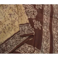 Sanskriti Vintage Cream Indian Sari Pure Silk Batik Work Sarees Craft Fabric