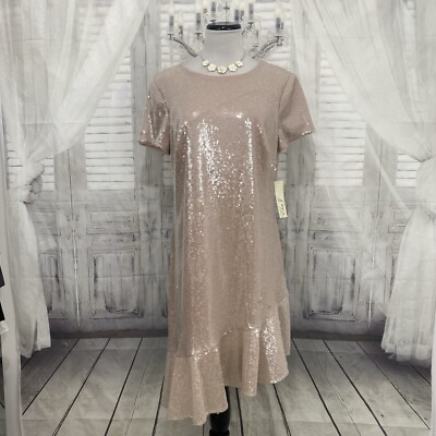 eliza j pink sequin dress Eliza J Size 18 Blush Pink Sequin Asymmetric Ruffle Hem Short Sleeve Dress  B25