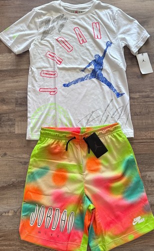 NWT Nike Jordan Boys YLG White/Neon Green/Multi-Color BIG LOGO Shorts Set Large