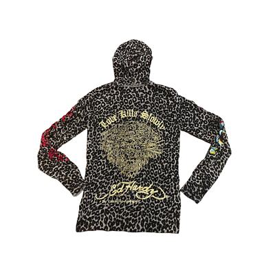 Vintage Ed Hardy Leopard Print Embroidered Rhinestone Zip Up