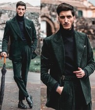 Jacket Pants Mens Suit Dark Green Corduroy 2 Pieces Wedding Suit Formal Custom