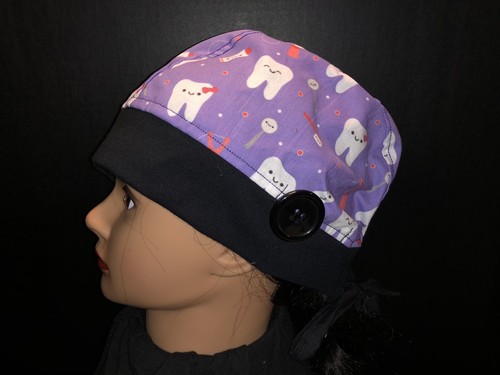 Surgical Scrub Hat Unisex Tie Back Colors Cap with Ear Saver Buttons New - Picture 4 of 6